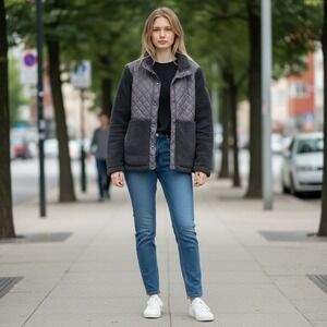 Madden Girl Womens XL Mixed Media Quilted Faux Shearling Fleece Jacket Gray
